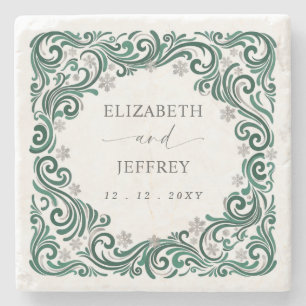 Silver Emerald Green Snowflakes Winter Wedding Stone Coaster