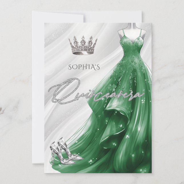 Silver Emerald Green Sparkle Dress Quinceañera  Invitation (Front)