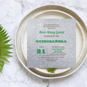 Silver & Emerald Green Sparkly Quinceañera Invitation