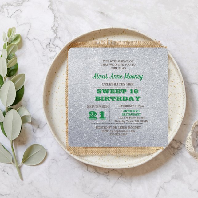 Silver & Emerald Green Sparkly Sweet 16 Invitation (Creator Uploaded)
