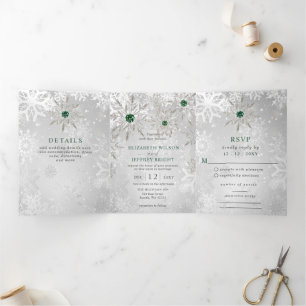 Silver Emerald Snowflakes Winter Christmas Wedding Tri-Fold Invitation