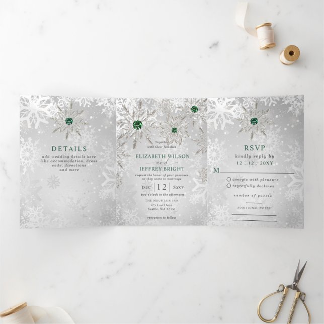 Silver Emerald Snowflakes Winter Christmas Wedding Tri-Fold Invitation (Inside)
