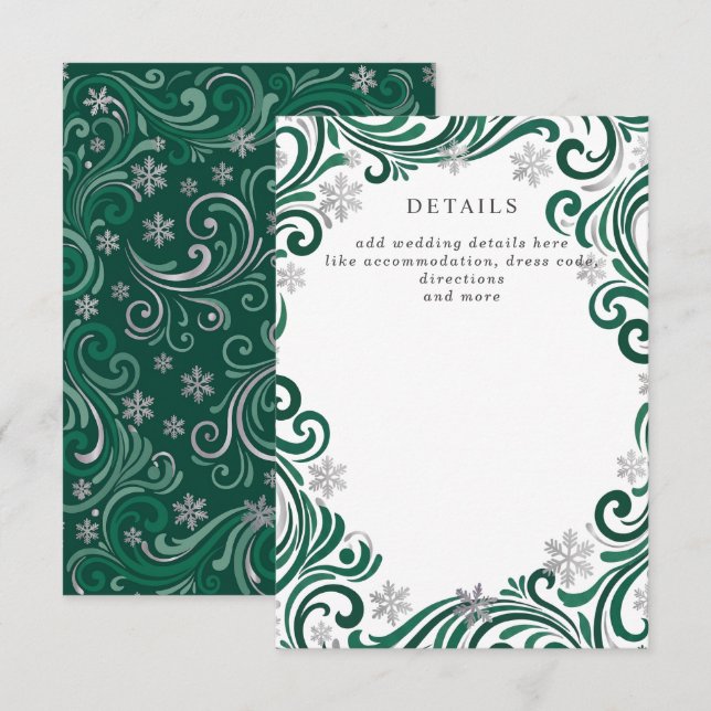 Silver Emerald Snowflakes Winter Wedding Details Enclosure Card (Front/Back)