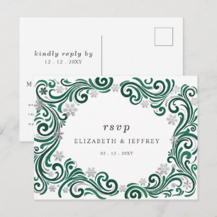 Silver Emerald Snowflakes Winter Wedding RSVP Postcard