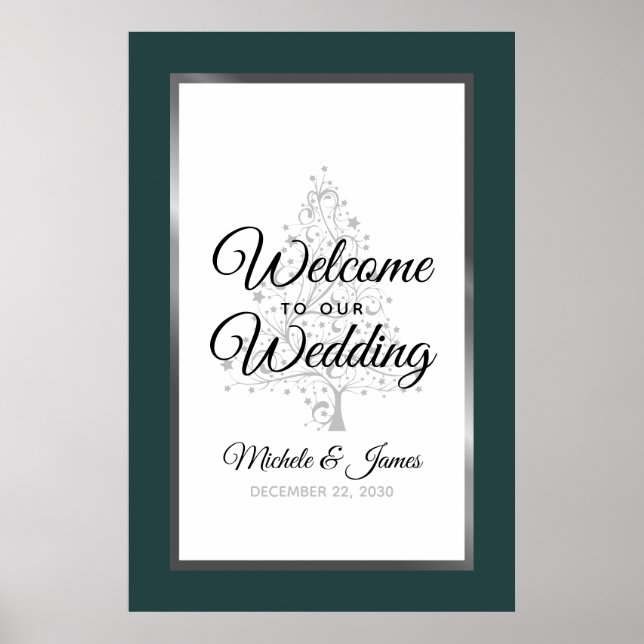 Silver Emerald Winter Holiday Wedding Welcome Poster (Front)