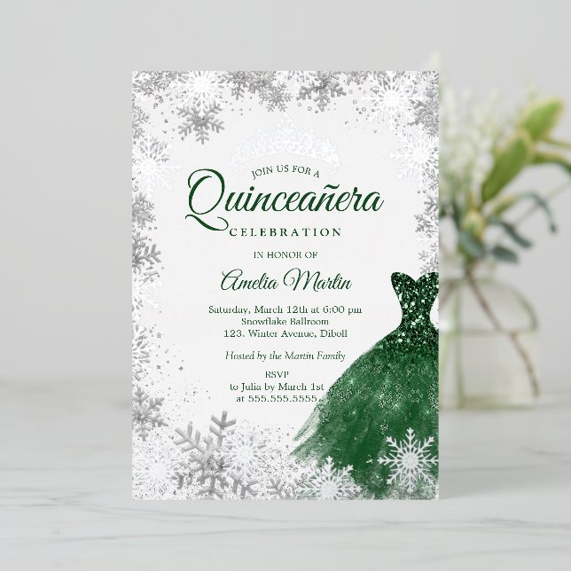Silver Emerald Winter Snowflake Quinceanera (Standing Front)
