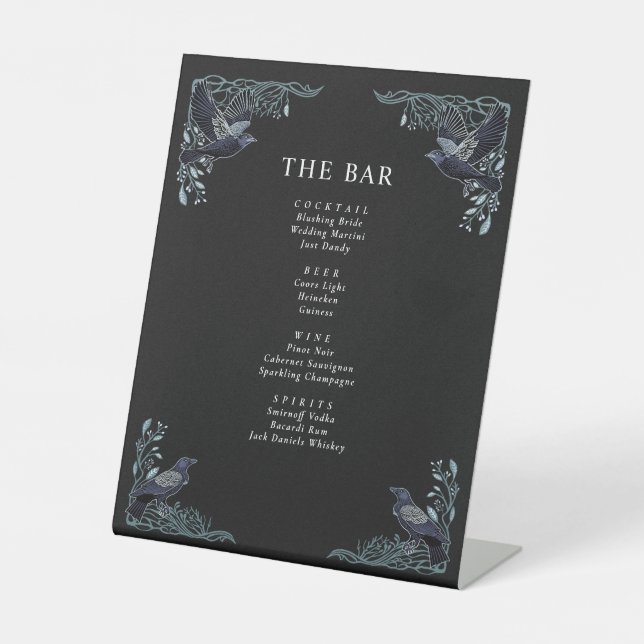 Silver Enchanted Raven Gothic Wedding Bar Menu Pedestal Sign (Front)