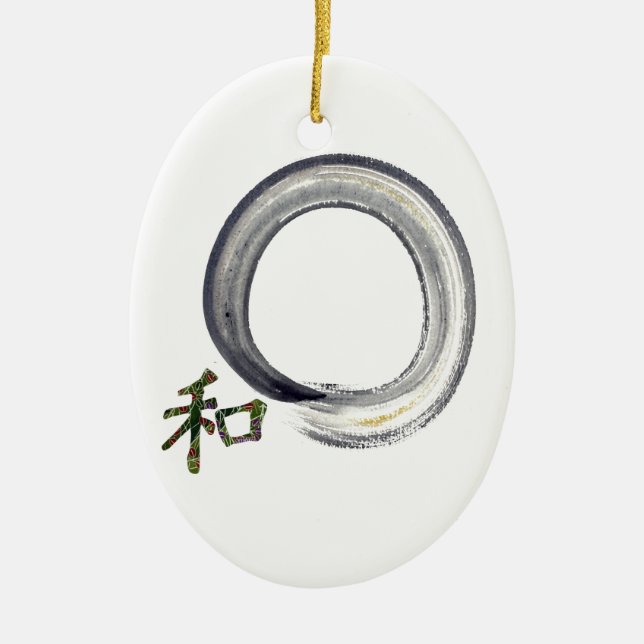 Silver enso with Kanji - harmony Ceramic Tree Decoration (Front)
