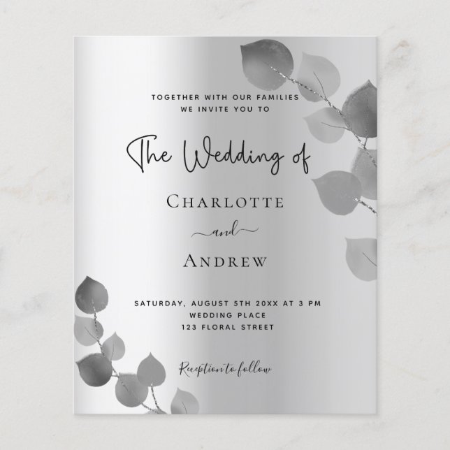 Silver eucalyptus budget wedding invitation flyer (Front)
