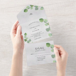Silver eucalyptus greenery wedding all in one invitation