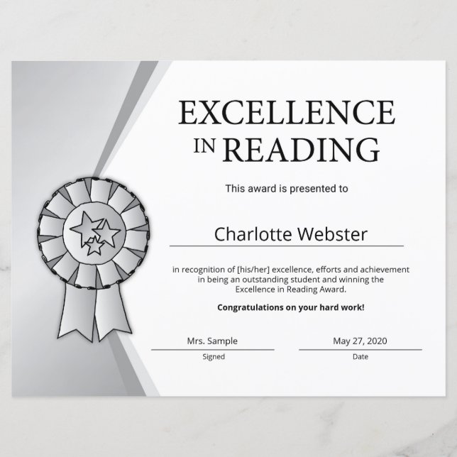 Silver Excellence in Reading Certificate Award (Front)