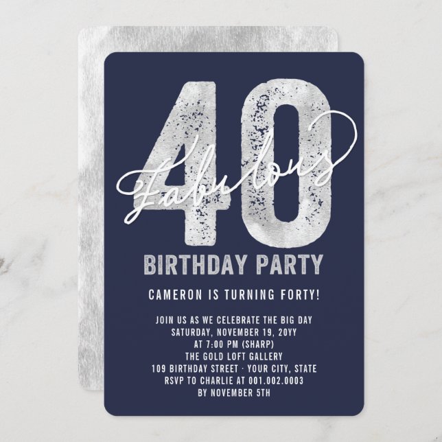 Silver Fabulous Forty 40th Birthday Party Invite (Front/Back)