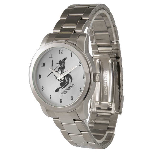 Silver Face Sagittarius Zodiac with Black Numbers Watch (Angled)