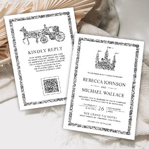 Silver Fairytale Castle Carriage QR Code Wedding Invitation