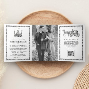Silver Fairytale Castle Carriage QR Code Wedding Tri-Fold Invitation