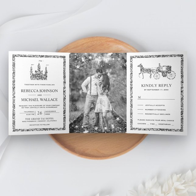 Silver Fairytale Castle Princess Carriage Wedding Tri-Fold Invitation (Creator Uploaded)