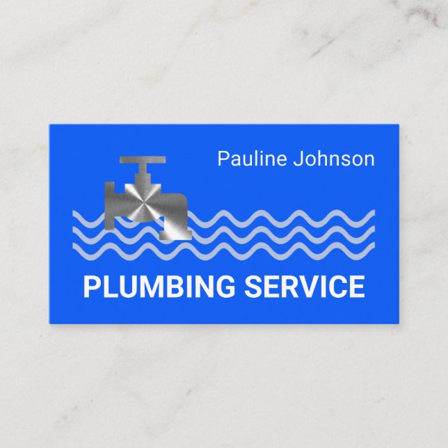 Silver Faucet On Bright Blue Wave Business Card (Front)