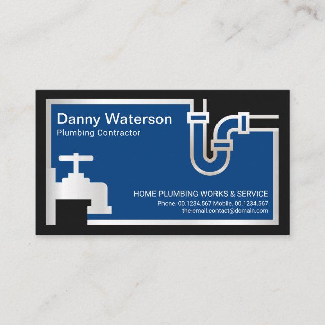 Silver Faucet Pipe Blue Flood Waters Plumber  Business Card (Front)