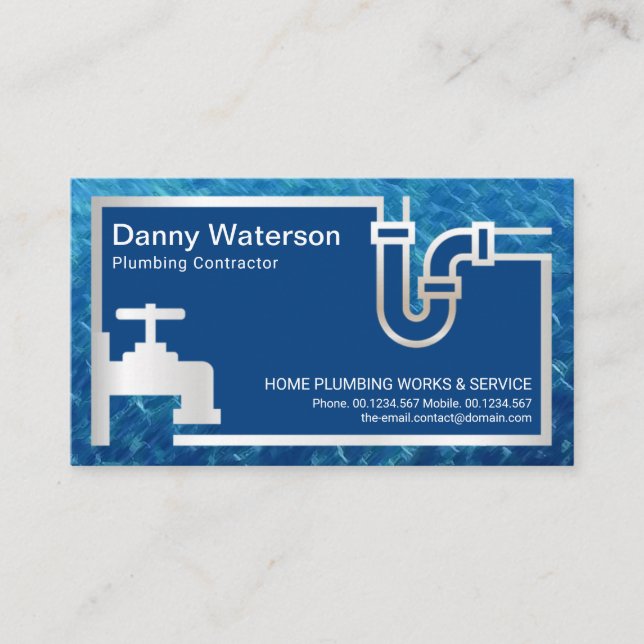 Silver Faucet Pipe Blue Flood Waters Plumbing Business Card (Front)