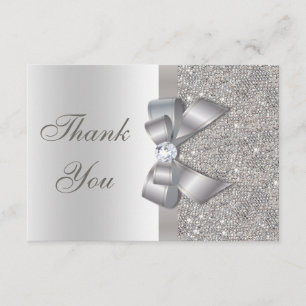 Silver Faux Bow & Diamonds Thank You Card