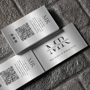 Silver Faux Brushed Metal Modern Monogram QR Code Business Card