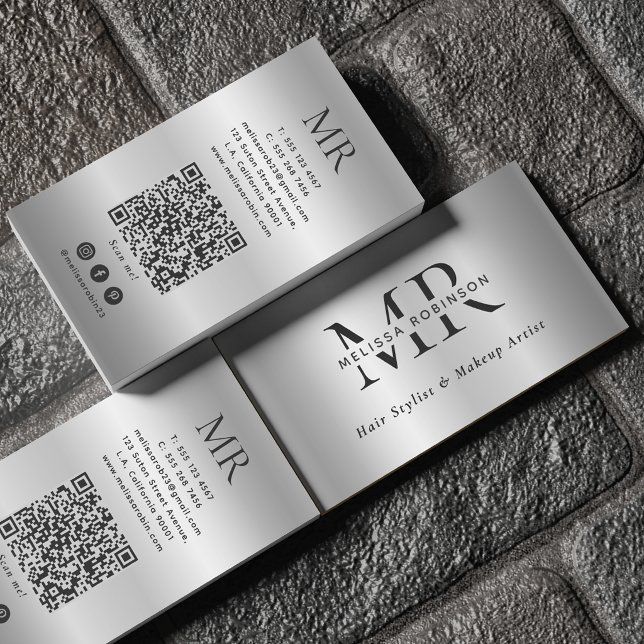 Silver Faux Brushed Metal Modern Monogram QR Code Business Card (Creator Uploaded)