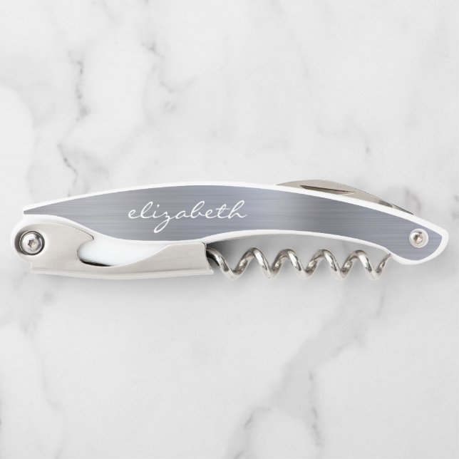 Silver Faux Brushed Metal Personalised Script Corkscrew (Front)