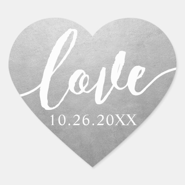 Silver Faux Foil Love Script Wedding Date Heart Sticker (Front)