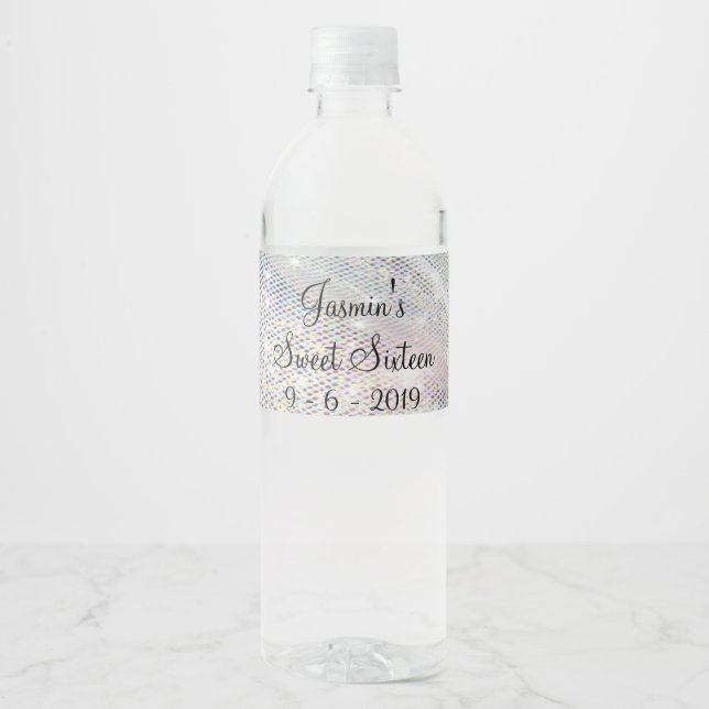 Silver,  Faux Foil, Sweet Sixteen, Custom, Water Bottle Label (Front)