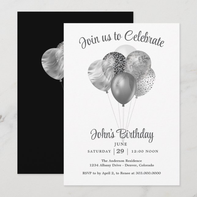 Silver Faux Glitter Balloon Birthday Party Invitation (Front/Back)