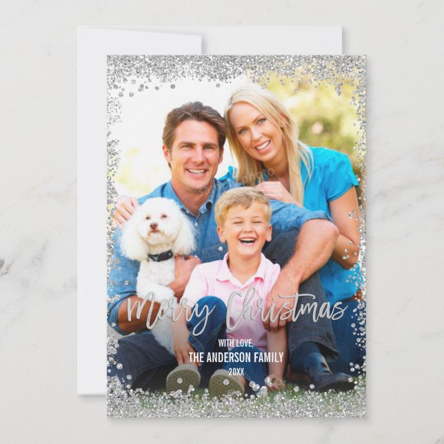 Silver Faux Glitter Border Christmas Holiday Photo Card (Front)
