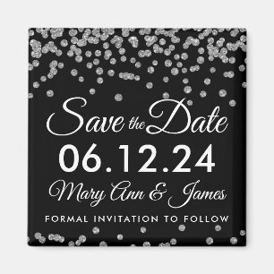 Silver Faux Glitter Confetti Black Save The Date Magnet