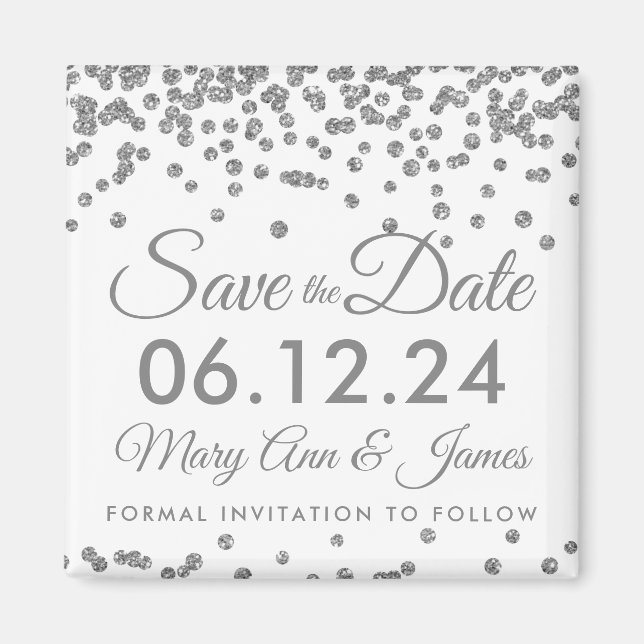 Silver Faux Glitter Confetti Save The Date Magnet (Front)