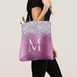 Silver Faux-Glitter Girly Glam Pink Personalised Tote Bag