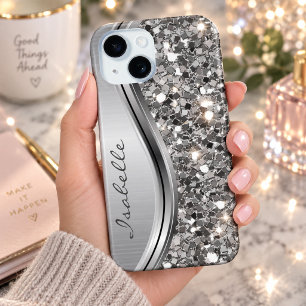 Silver Faux Glitter Glam Bling Personalised Metal iPhone 15 Case