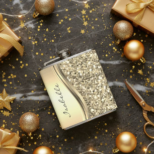 Silver Faux Glitter Glam Bling Personalised Metal Hip Flask