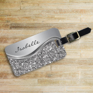 Silver Faux Glitter Glam Bling Personalised Metal Luggage Tag
