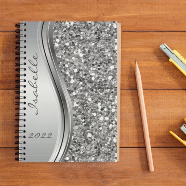 Silver Faux Glitter Glam Bling Personalised Metal Planner (Creator Uploaded)