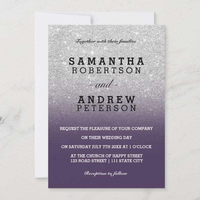 Silver faux glitter purple chic ombre wedding invitation (Front)