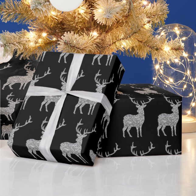 silver faux glitter reindeer wrapping paper (Holidays)