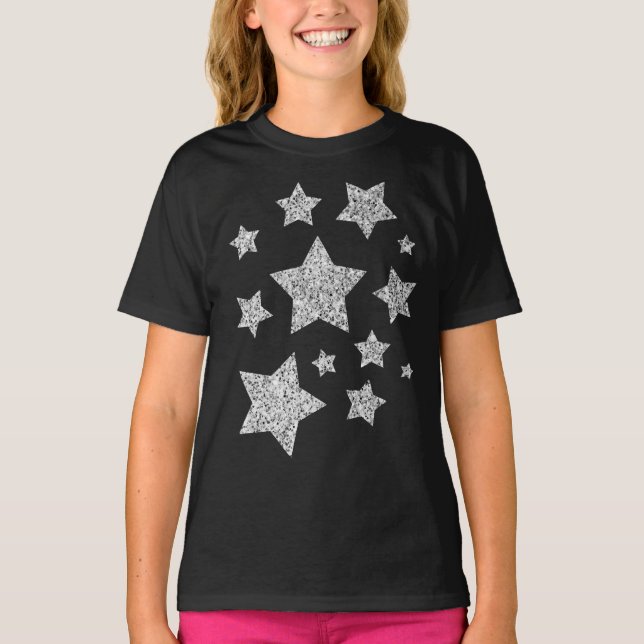 Silver faux glitter sparkles black white Stars T-Shirt (Front)
