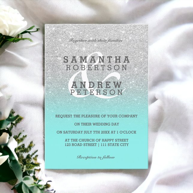 Silver faux glitter teal ombre wedding custom invitation (Silver faux glitter teal ombre wedding custom invitation)