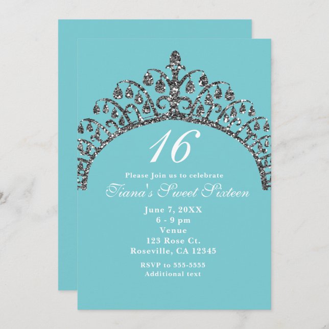 Silver Faux Glitter Tiara Crown Party Invitations (Front/Back)