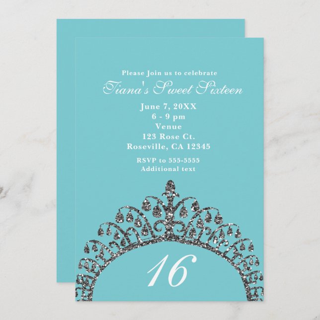 Silver Faux Glitter Tiara Crown Sweet 16 Party Invitation (Front/Back)