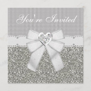 Silver Faux Glitter & White Sparkle Heart Jewel Invitation