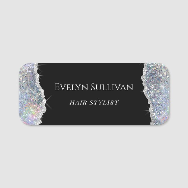 Silver faux iridescent glitter name tag (Front)