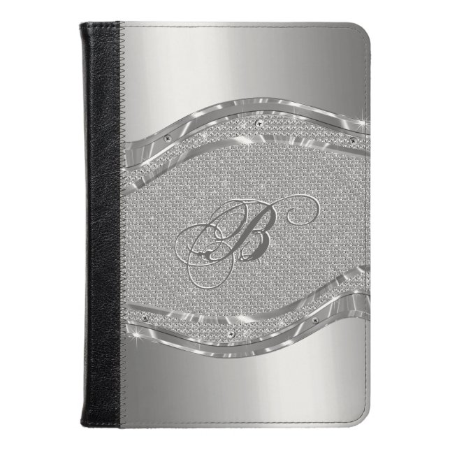 Silver Faux Metallic Look With Diamonds Pattern Kindle Case (Front Closed)