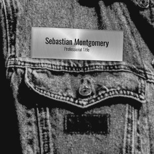 Silver Faux Metallic Sleek Stainless Black Text Name Tag