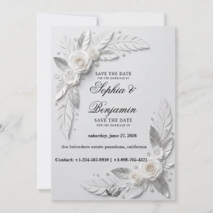 Silver Feather & Pearl Floral Save the Date Card
