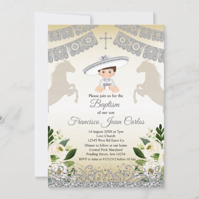 Silver Fiesta Boy Baptism Christening Invitation (Front)